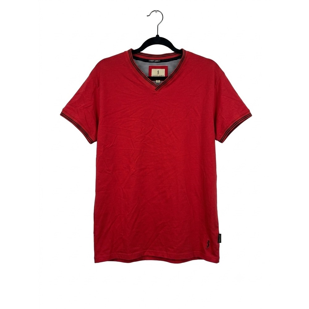 Scott James Mens Red V-Neck T-Shirt Striped Trim Short Sleeve Cotton Blend L